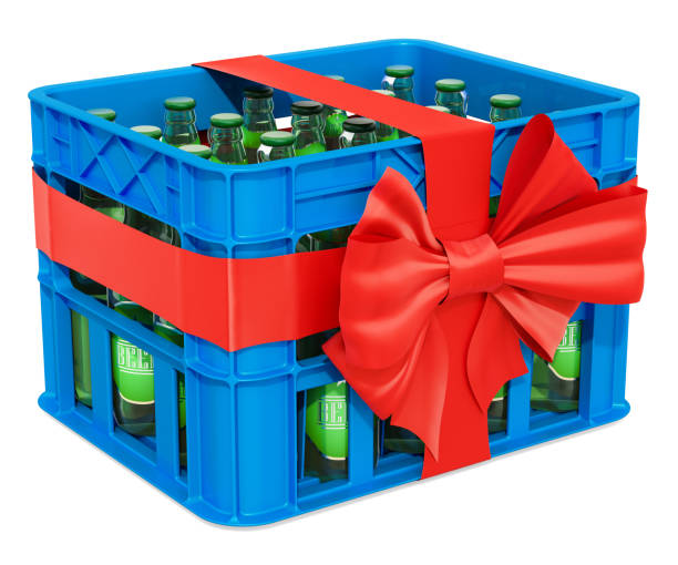 Plastic crate full beer bottles with red bow and ribbon, gift concept. 3D rendering isolated on white background