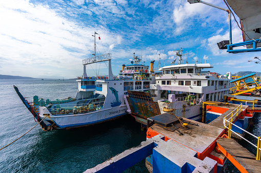 Bali, Indonesia - August 11, 2018: Bali  view showing Gilimanuk port and a ferry transport