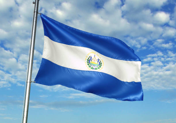 el salvador flag waving cloudy sky background - salvadoran flag imagens e fotografias de stock