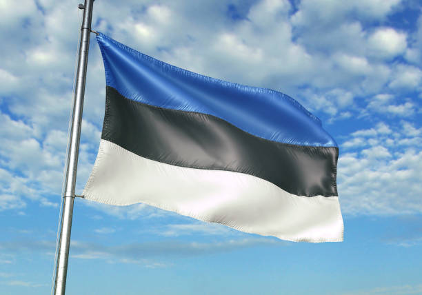 istock Estonia flag waving cloudy sky background 1082842826