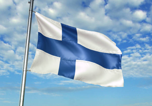 Finland flag on flagpole waving cloudy sky background realistic 3d illustration