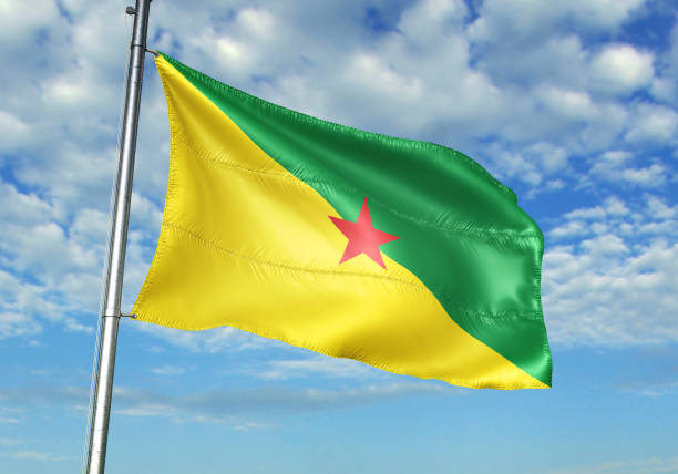 istock French Guiana flag waving cloudy sky background 1082842918