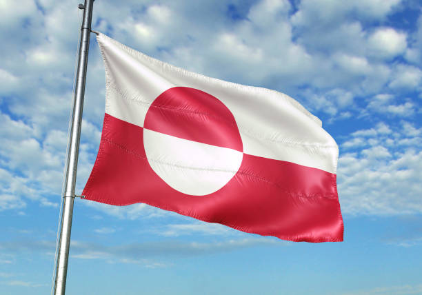 Greenland flag on flagpole waving cloudy sky background realistic 3d illustration