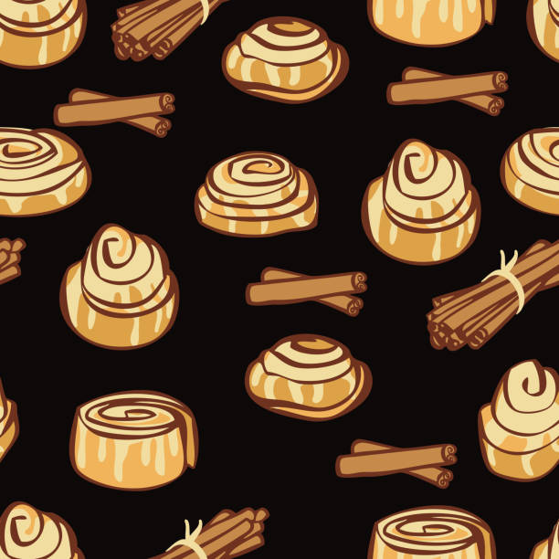 Food collection Delicious cinnamon buns and cinnamon sticks Black backgound Food collection Delicious cinnamon buns and cinnamon sticks Black backgound set cinnamon roll stock illustrations