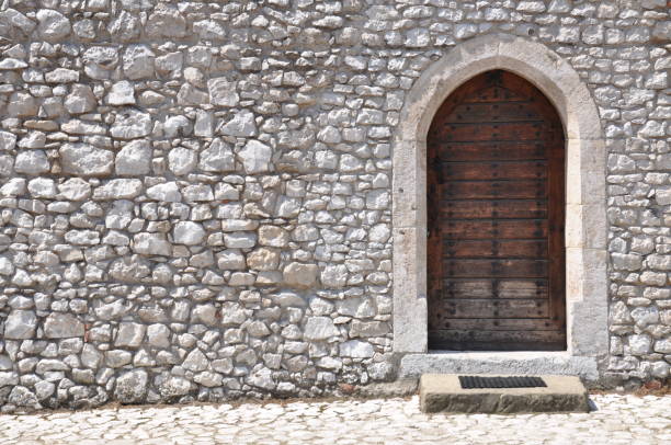 istock Wooden door and stone wall 1082845632