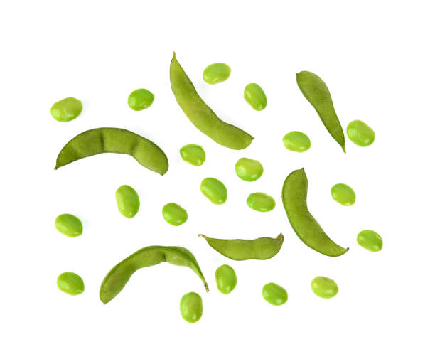 green soybeans on white background,top view - edamame imagens e fotografias de stock