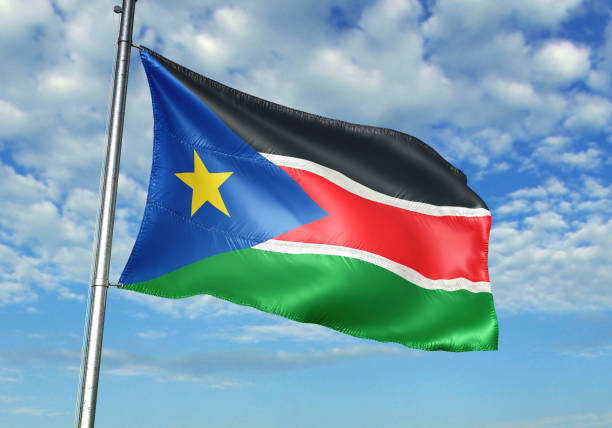 South Sudan flag waving cloudy sky background South Sudan flag on flagpole waving cloudy sky background realistic 3d illustration south sudan stock pictures, royalty-free photos & images
