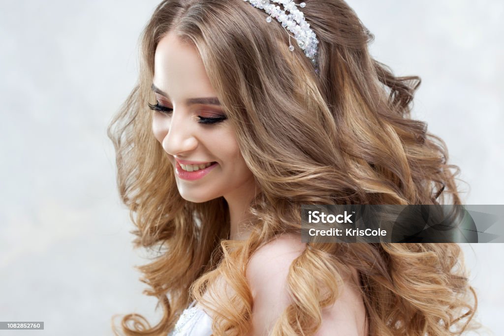 Charming Young Bride With Luxury Hairstyle Beautiful Woman In Wedding Dress  Hairstyle With Fluffy Curls Stock Photo - Download Image Now - iStock