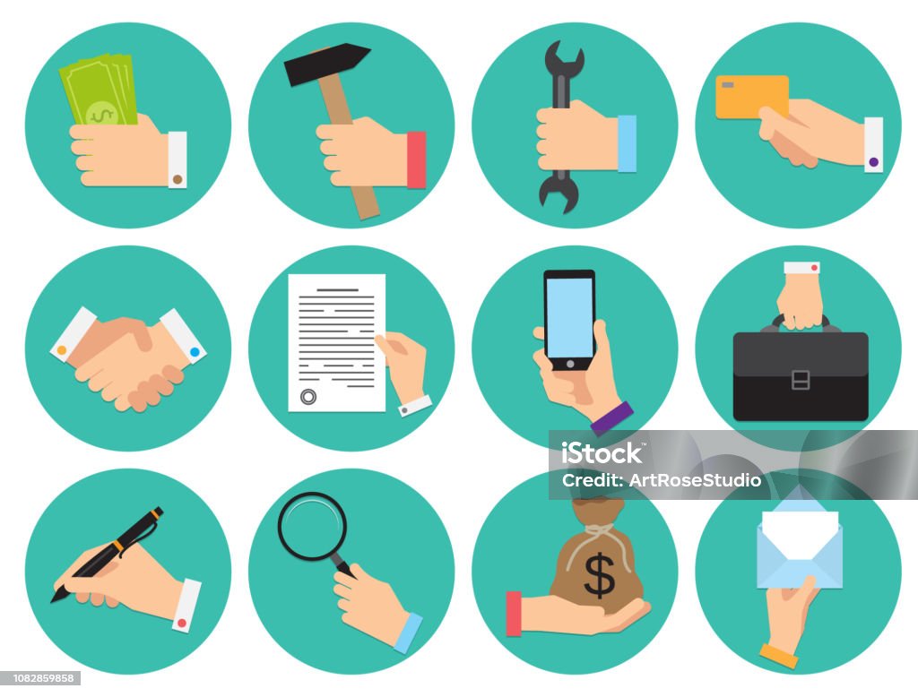 Set of different round icons of business theme with hands Set of different round icons of business theme with hands, flat design vector illustration Icon Symbol stock vector