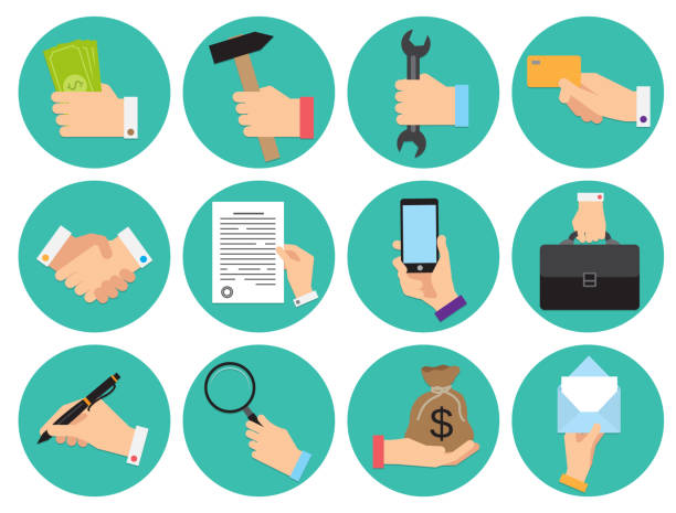 Set of different round icons of business theme with hands Set of different round icons of business theme with hands, flat design vector illustration mobile phone finance business technology stock illustrations