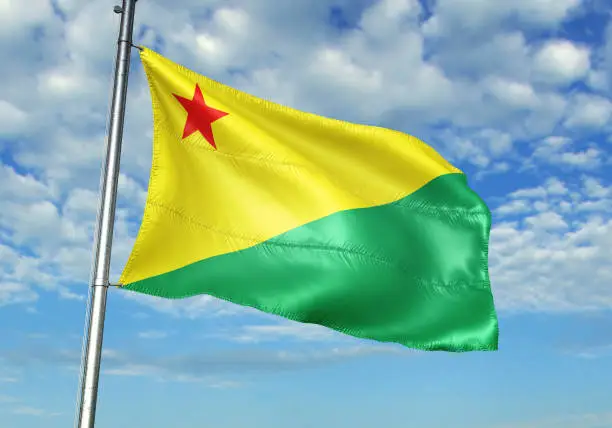 Acre state of Brazil flag on flagpole waving cloudy sky background realistic 3d illustration
