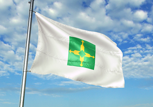 Distrito Federal state of Brazil flag on flagpole waving cloudy sky background realistic 3d illustration