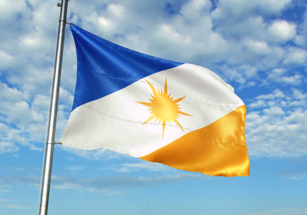 istock Tocantins state of Brazil flag waving cloudy sky background 1082862498
