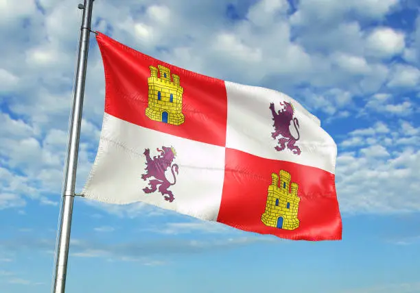Castile and Leon of Spain flag on flagpole waving cloudy sky background realistic 3d illustration