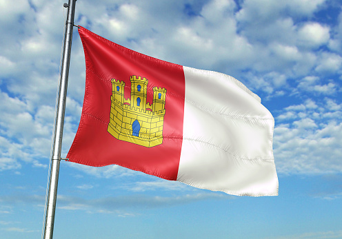Castile-La Mancha of Spain flag on flagpole waving cloudy sky background realistic 3d illustration