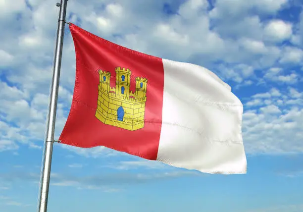 Castile-La Mancha of Spain flag on flagpole waving cloudy sky background realistic 3d illustration