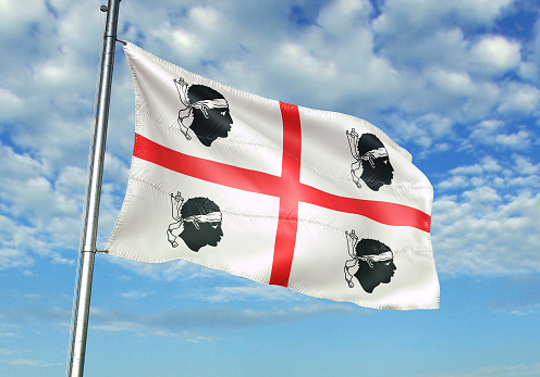 Sardinia region of Italy flag on flagpole waving cloudy sky background realistic 3d illustration