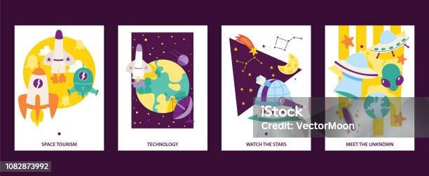 Space Science Cards Set Flying Rockets Space Tourism Technoogy Watch The Stars Meet The Uknown Satellites Cartoon Alliens And Ufo Spaceship Icons Vector Illustration Stock Illustration - Download Image Now