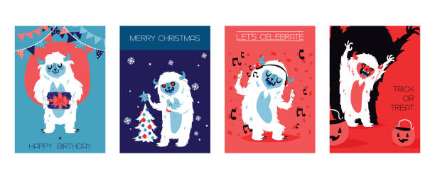 ilustrações de stock, clip art, desenhos animados e ícones de yeti bigfoot characters cards for birthday, christmas, halloween. vector illustration. let s celebrate. trick or treat. monsters with gifts, new year tree, earphones, pumpkin. - yeti