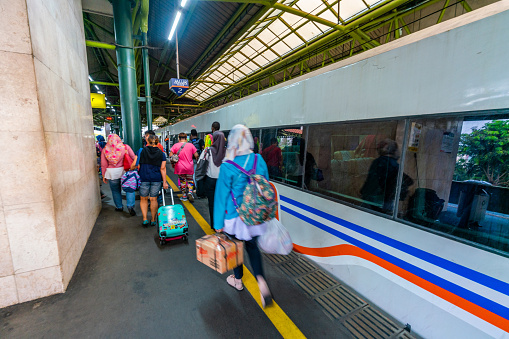 Jakarta, Indonesia - August 18, 2018: view showing passengers  in Jakarta train station