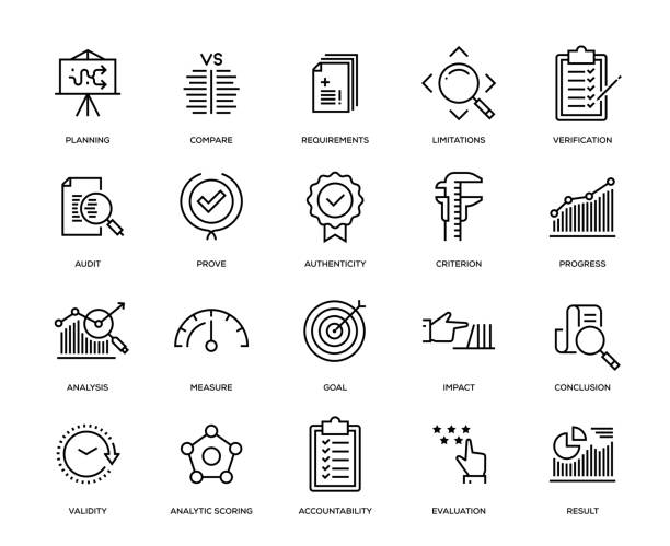 Assessment Icon Set Assessment Icon Set - Thin Line Series scrutiny icon stock illustrations