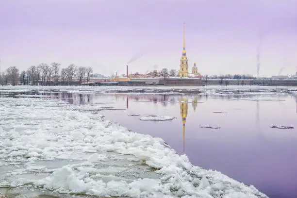 Winter landscape of the Neva-river in St. Petersburg with a view of the Peter and Paul Fortress