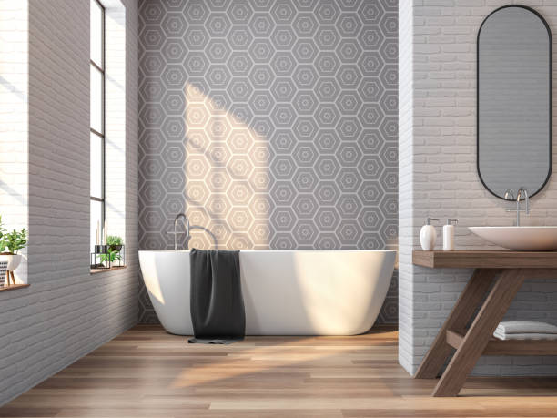 immagine di rendering 3d del bagno vintage in mattoni bianchi e piastrelle grigie - bathroom bathtub contemporary tile foto e immagini stock