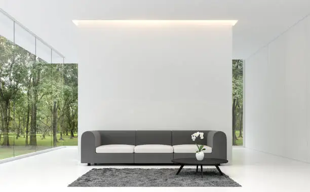 Photo of Minimal living room with white backdrop 3d rendering image