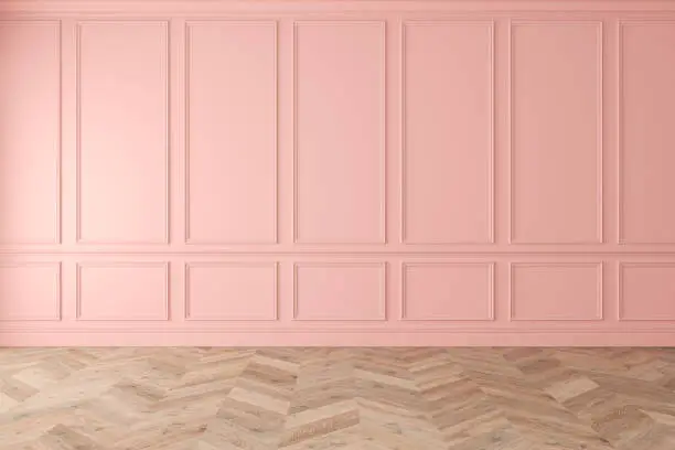 Modern classic pink, rose quartz, pastel, empty interior with wall panels and wooden floor. 3d render illustration mockup.