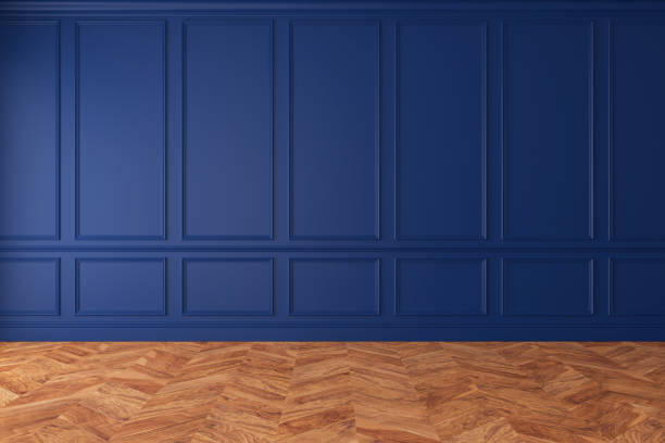 istock Modern classic royal blue empty interior with wall panels and wooden floor. 3d render illustration mockup. 1082921230