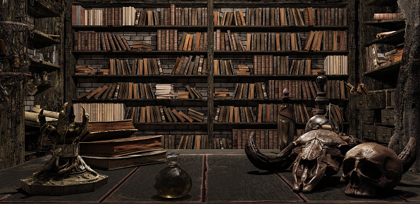 habitación del asistente biblioteca, libros antiguos, poción y cosas de miedo 3d render photo