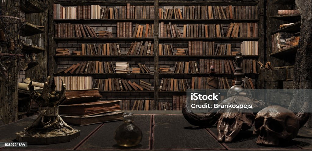 the wizard's room with library, old books, potion, and scary things 3d render the wizard's room with library, old books, potion, and scary things 3d render 3d illustration Library Stock Photo