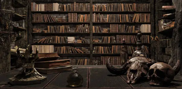 Photo of the wizard's room with library, old books, potion, and scary things 3d render