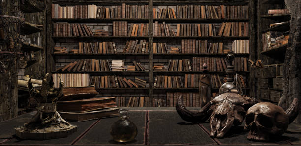 the wizard's room with library, old books, potion, and scary things 3d render - wizardry imagens e fotografias de stock