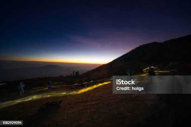 Ijen Crater Volcano With A Sunset Banyuwangi Indonesia Stock Photo - Download Image Now