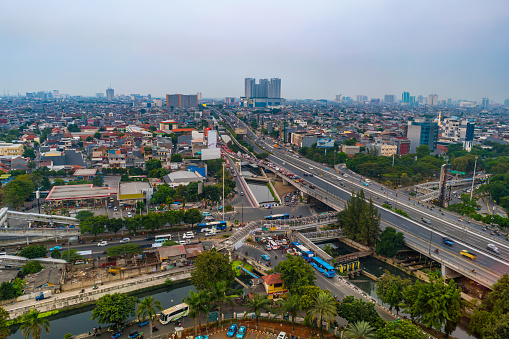 Jakarta, Indonesia - August 20, 2018: view showing Jakarta flyover highway and Bus Rapid transit