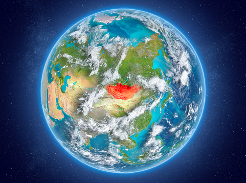 Mongolia in red on model of planet Earth with clouds and atmosphere in space. 3D illustration. Elements of this image furnished by NASA. 3D model of planet created and rendered in Cheetah3D software 25/09/2018. Some layers of planet surface use textures furnished by NASA, Blue Marble collection: http://visibleearth.nasa.gov/view_cat.php?categoryID=1484