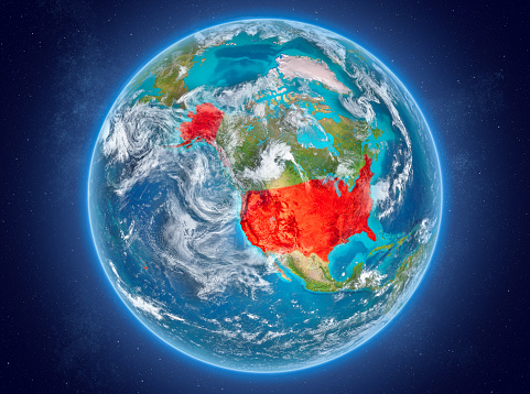 USA in red on model of planet Earth with clouds and atmosphere in space. 3D illustration. Elements of this image furnished by NASA. 3D model of planet created and rendered in Cheetah3D software 25/09/2018. Some layers of planet surface use textures furnished by NASA, Blue Marble collection: http://visibleearth.nasa.gov/view_cat.php?categoryID=1484
