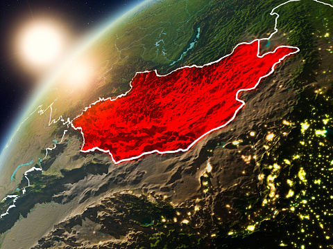 Mongolia during sunset highlighted in red on planet Earth with visible country borders. 3D illustration. Elements of this image furnished by NASA. 3D model of planet created and rendered in Cheetah3D software 25/09/2018. Some layers of planet surface use textures furnished by NASA, Blue Marble collection: http://visibleearth.nasa.gov/view_cat.php?categoryID=1484