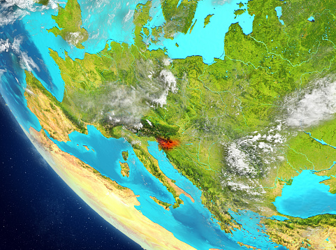 Slovenia from orbit of planet Earth with highly detailed surface textures. 3D illustration. Elements of this image furnished by NASA. 3D model of planet created and rendered in Cheetah3D software 25/09/2018. Some layers of planet surface use textures furnished by NASA, Blue Marble collection: http://visibleearth.nasa.gov/view_cat.php?categoryID=1484