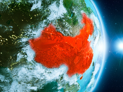 China from orbit of planet Earth with clouds during sunrise with highly detailed surface textures. 3D illustration. Elements of this image furnished by NASA. 3D model of planet created and rendered in Cheetah3D software 25/09/2018. Some layers of planet surface use textures furnished by NASA, Blue Marble collection: http://visibleearth.nasa.gov/view_cat.php?categoryID=1484