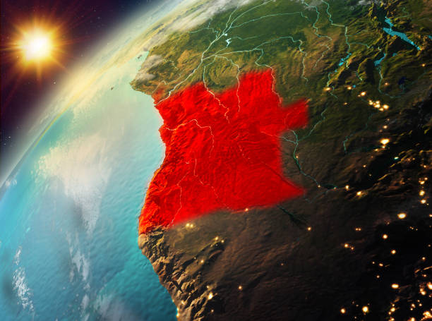 Illustration of Angola as seen from Earth's orbit during sunset. 3D illustration. Elements of this image furnished by NASA. 3D model of planet created and rendered in Cheetah3D software 25/09/2018. Some layers of planet surface use textures furnished by NASA, Blue Marble collection: http://visibleearth.nasa.gov/view_cat.php?categoryID=1484
