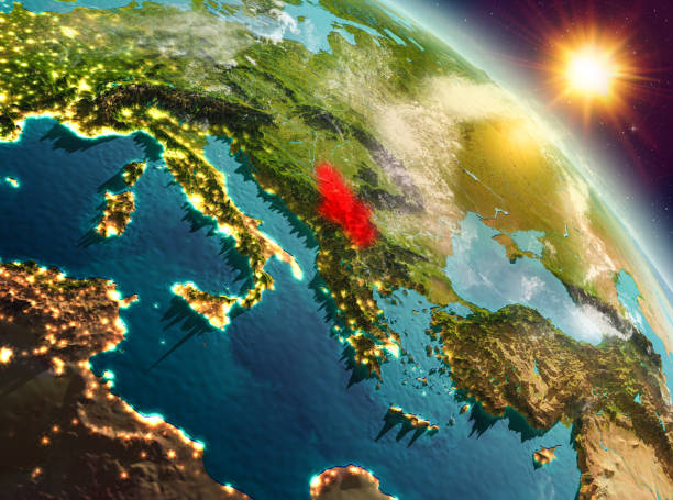 istock Serbia in sunrise from orbit 1082944846