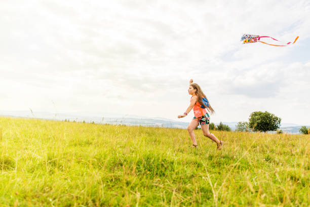 istock Girl in the meadow fly kites 1082945486