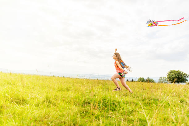 istock Girl in the meadow fly kites 1082946554