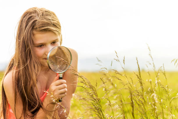 istock Girl playing in a meadow with a magnifier 1082949664