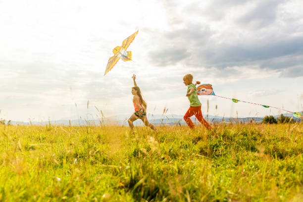 istock Children in the meadow fly kites 1082949788