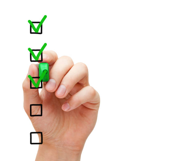 Blank Customer Service Survey Checklist Concept Hand putting three check marks with green marker on blank customer survey checklist on transparent glass board. checklist photos stock pictures, royalty-free photos & images