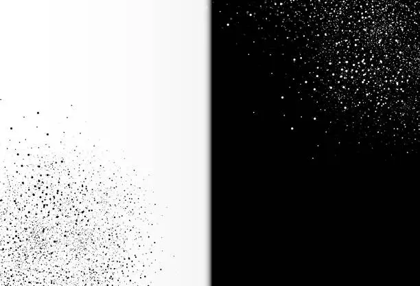 Vector illustration of Stars dust scattered splash in galaxy snow winter two tone abstract background in half horizontal. Black and white distress template