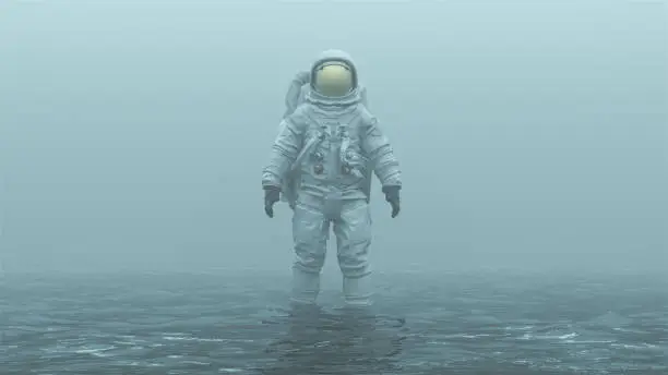 Astronaut with Gold Visor Standing in Water in a Foggy Overcast Environment 3d illustration 3d render